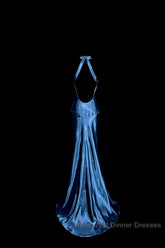 Vintage Mermaid Halter Neck Blue Satin Backless Semi Formal Prom Gown Fairy Semi Formal Prom Dresses